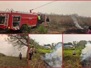 Karhutla Dekati Pemukiman, Polsek Tanah Miring Bersama Warga Bergerak Padamkan Api
